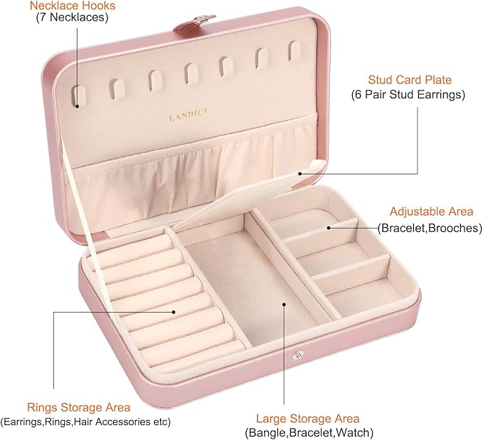 LANDICI Small Jewelry Box for Women Girls, PU Leather Travel Jewelry Case, Portable Jewelry Organizer Storage Holder Display for Ring Earrings Necklace Bracelet Women Kids Gift, Rose Gold (Pack of 2)