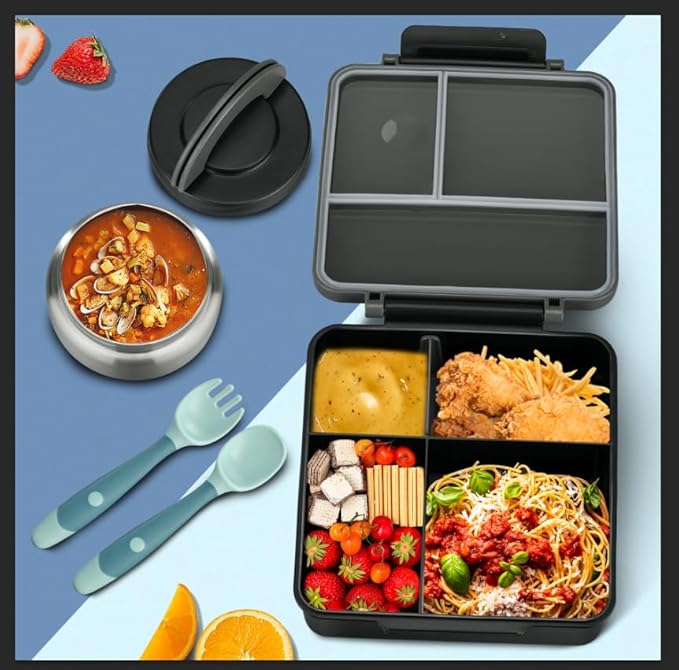 Itslife Bento Lunch Box for Kids with 8oz Soup Thermo&Lunch Bag, Leak-Proof Lunch Food Containers with 4 Compartment, Hot Food Insulated Food Jar for Kids School (Black&Grey)