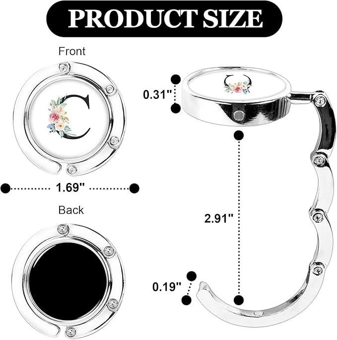 XSUIOY 3Pcs Personalized Initial Foldable Purse Hook for Table,Crushed Flower Letters Folding Purse Hanger,Purse Holder Handbag Hanger Collection Desk Table Bag Hooks Gifts for Women Bag(Black-C)