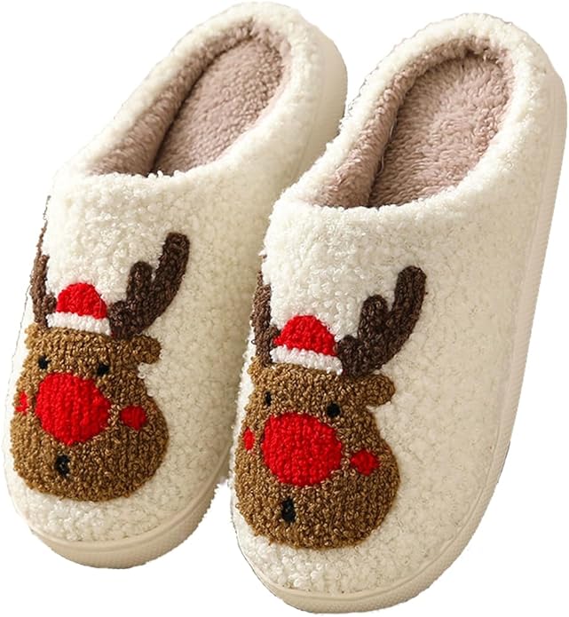 Unisex Xmas Elk Shoes Santa Reindeer Cute Strawberry Cartoon Christmas Tree Pink Bow Memory Foam Soft Plush House Slippers Indoor/Outdoor