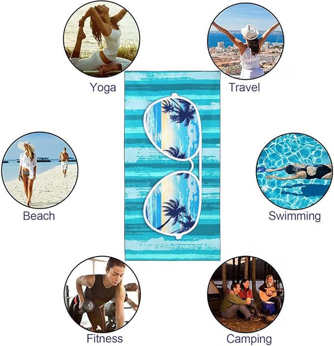 Tropical Blue Green Beach Towel 36"x72" Quick-Dry Sand-Free Palm Tree Pattern for Pool Camping