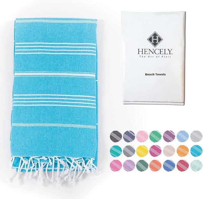Hencely Turkish Beach Towel 37x68 Oversized, Sand-Free, Quick-Dry, Lightweight - Travel Essential for Pool & Bath - Striped 100% Cotton Bathroom Towels Accessories Gift (Turquoise)