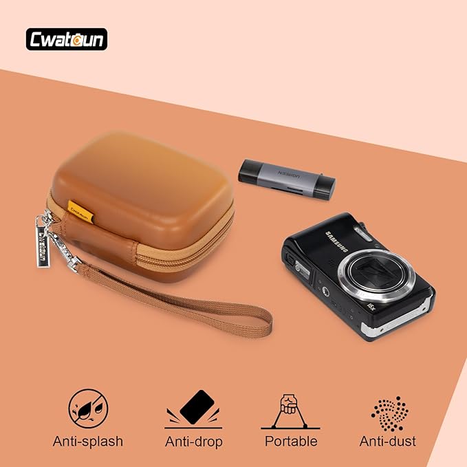 Cwatcun Carrying & Protective Case for Digital Camera, Small Camera Pouch for AbergBest 2.7" LCD Kodak Pixpro/Canon PowerShot ELPH 180/190 / DSCW830 Travel Cameras, Water-resistant Case -BROWN