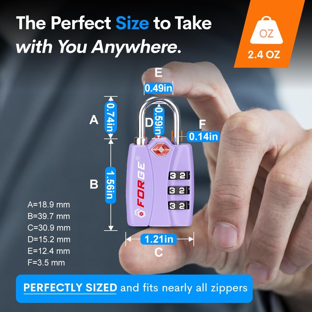 Forge Luggage Locks TSA Approved 2 Pack Purple, Small Combination Lock with Zinc Alloy Body, Open Alert, Easy Read Dials, for Travel Suitcase, Bag, Backpack, Lockers.