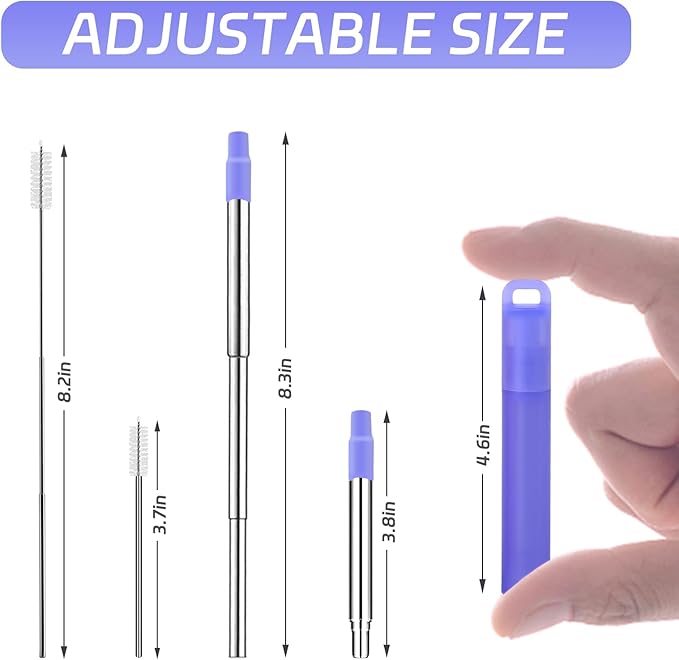 NAIVELY-Reusable Metal Straws 3 Pack Collapsible Stainless Steel Straw,travel straw with case and Cleaning Brush,Retractable Portable Pocket Straws(Gray, Red, Purple orchid, Telescopic brush)