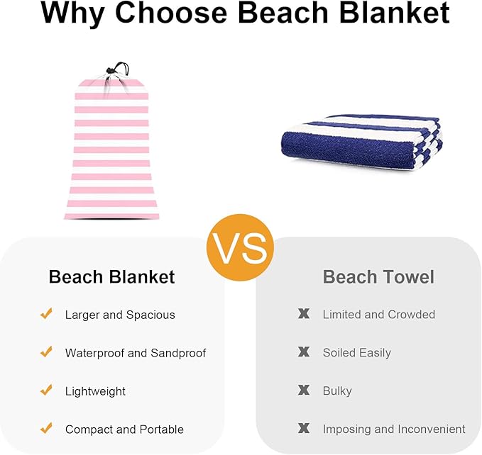 BEW Pink Stripe Beach Blanket Sandproof Waterproof, Extra Large 78''×86'' Beach Mat for 1-4 Adults with Stakes and Sand Pocket, Compact Lightweight Sand Free Picnic Mat Beach Essential