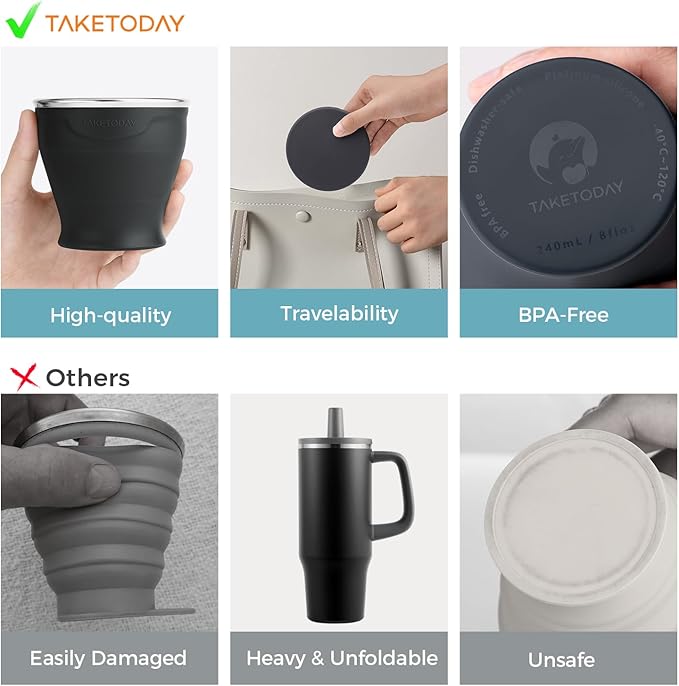TakeToday Collapsible Travel Cup 8 oz - Silicone Foldable Water Cup, BPA-Free with Lid & Waterproof Bag - Drinking Cup Set for Camping, Outdoors & International Travel（ Charcoal）