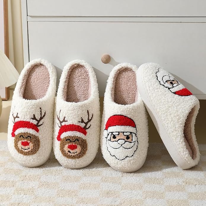 Unisex Xmas Elk Shoes Santa Reindeer Cute Strawberry Cartoon Christmas Tree Pink Bow Memory Foam Soft Plush House Slippers Indoor/Outdoor