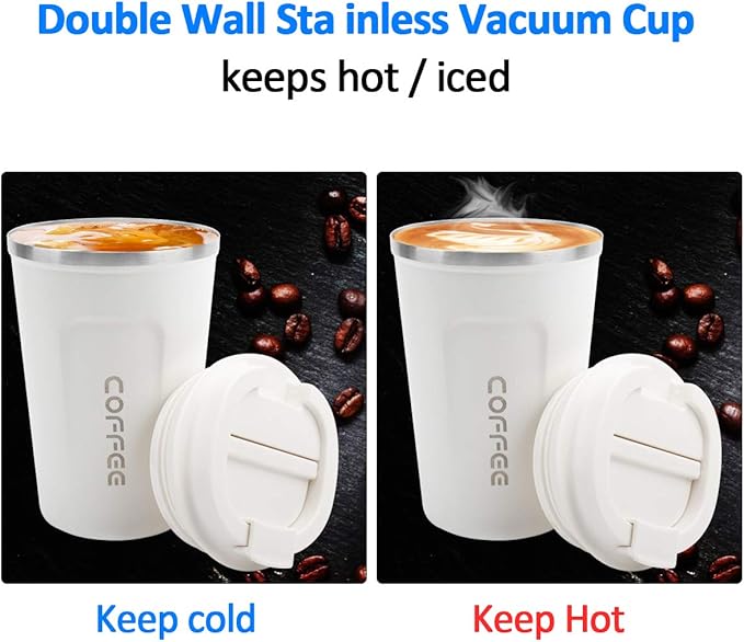 CS COSDDI 12 oz Stainless Steel Vacuum Insulated Tumbler - Coffee Travel Mug Spill Proof with Lid - Coffee Cup for Keep Hot/Ice Coffee,Tea and Beer (White)