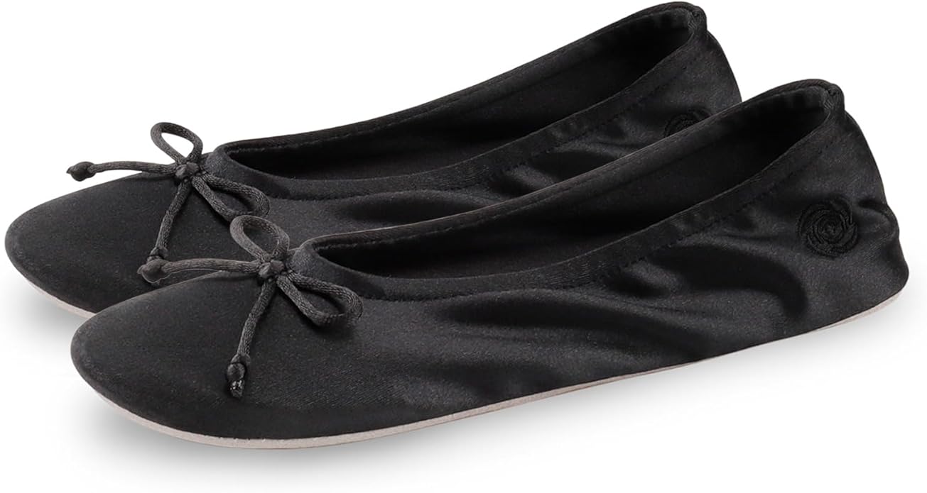 BCTEX COLL Women's Ballerina House Slippers with Bow, Ladies Satin Bedroom Slipper with Suede Sole Indoor
