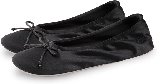 BCTEX COLL Women's Ballerina House Slippers with Bow, Ladies Satin Bedroom Slipper with Suede Sole Indoor