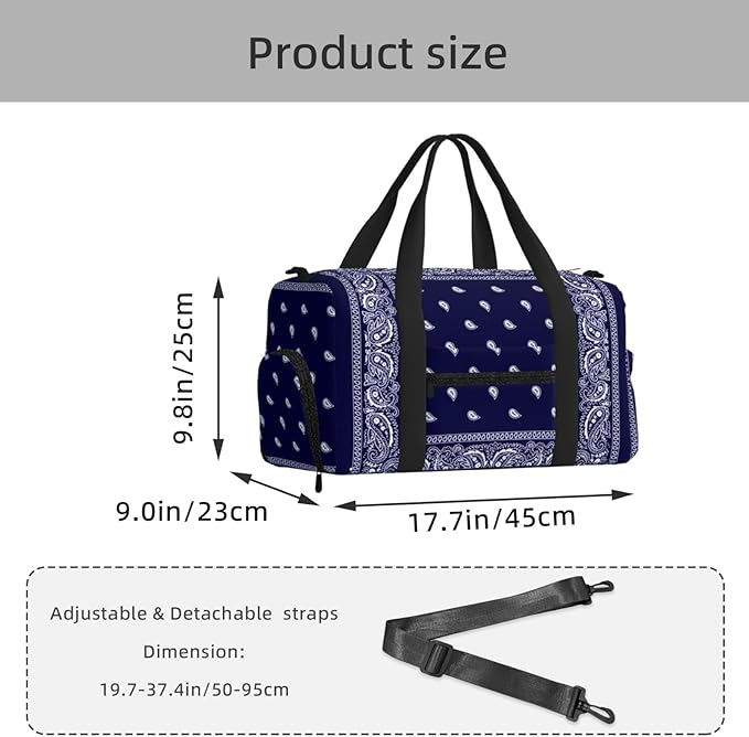 Bandana True Blue Women'S Gym Duffle Bag With Shoes Compartment, Ideal For Travel, Gym, Sports, Duffel, Weekender