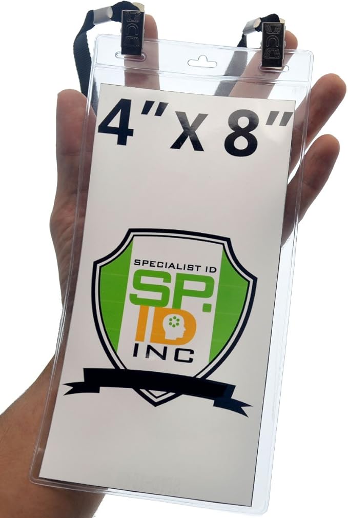 5 Pack - Extra Large 4 x 8 Inch Ticket & Event Credential Badge Holders with No Twist Double Sided Lanyards with Two Bulldog Clips, by Specialist ID (Black)