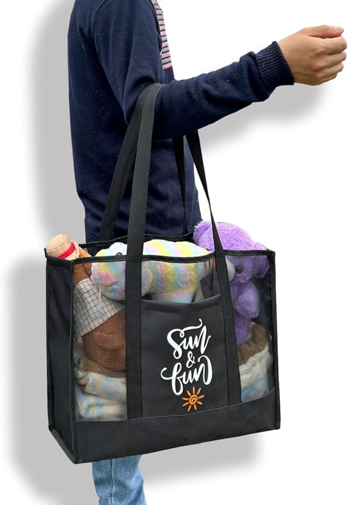 Reusable Large Beach Bags With 2 Pockets & Zipper, Lightweight Beach Tote for Poolside, Trip/swim