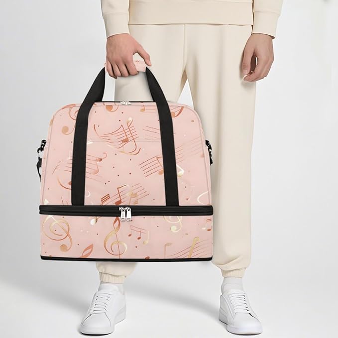 Pink Music Notes Large Weekender Bag with Shoe Compartment Travel Duffel Bags for Women Carry On Hospital Overnight Bag Foldable Personal Item Travel Bags Tote Gym Sports Airplanes