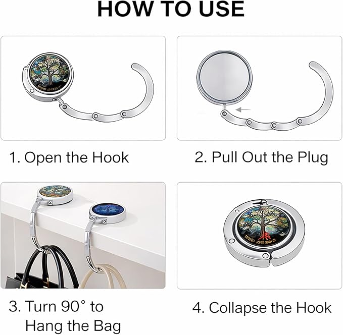 Portable Purse Hook for Table, Foldable Purse Hanger for Table Edge with Non-Slip Rubber Base, Magnetic Closure, 3-Pack Handbag Hook Set, Family Tree Designs for Restaurant Office Travel