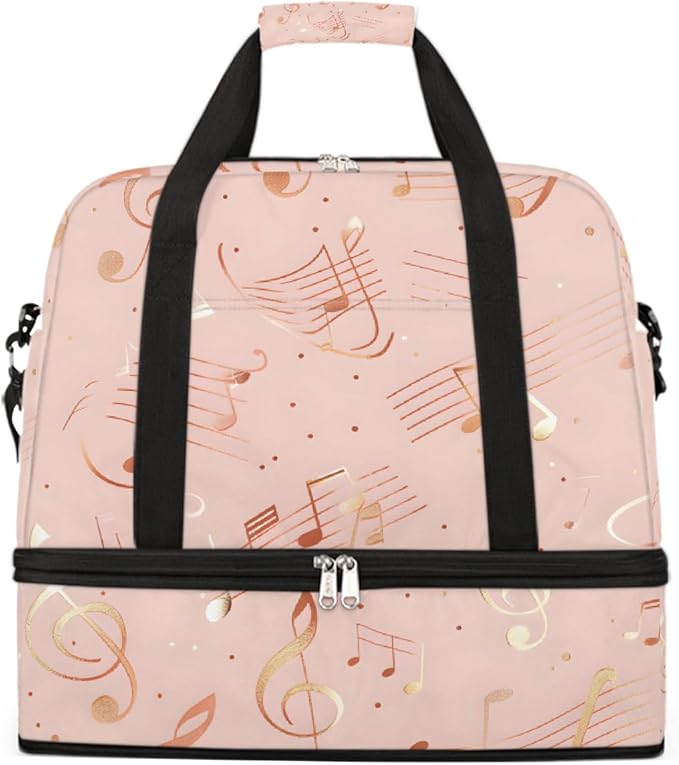 Pink Music Notes Large Weekender Bag with Shoe Compartment Travel Duffel Bags for Women Carry On Hospital Overnight Bag Foldable Personal Item Travel Bags Tote Gym Sports Airplanes