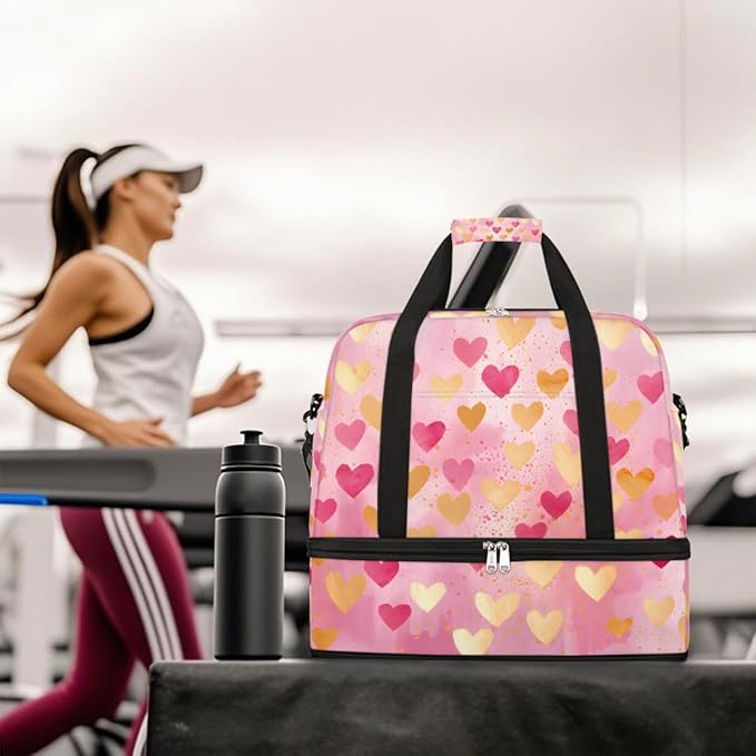 Pink Gold Heart Large Weekender Bag with Shoe Compartment Travel Duffel Bags for Women Carry On Hospital Overnight Bag Foldable Personal Item Travel Bags Tote Gym Sports Airplanes