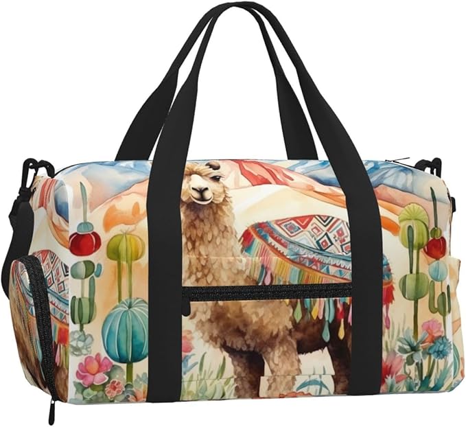 Sports Gym Bag Watercolour Camel Cactus Alpaca Travel Duffel Bag With Shoe Compartment Shoulder Strap, Lightweight Water-Resistant Weekend Overnight Totes For Women Men