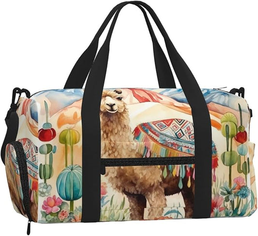 Sports Gym Bag Watercolour Camel Cactus Alpaca Travel Duffel Bag With Shoe Compartment Shoulder Strap, Lightweight Water-Resistant Weekend Overnight Totes For Women Men