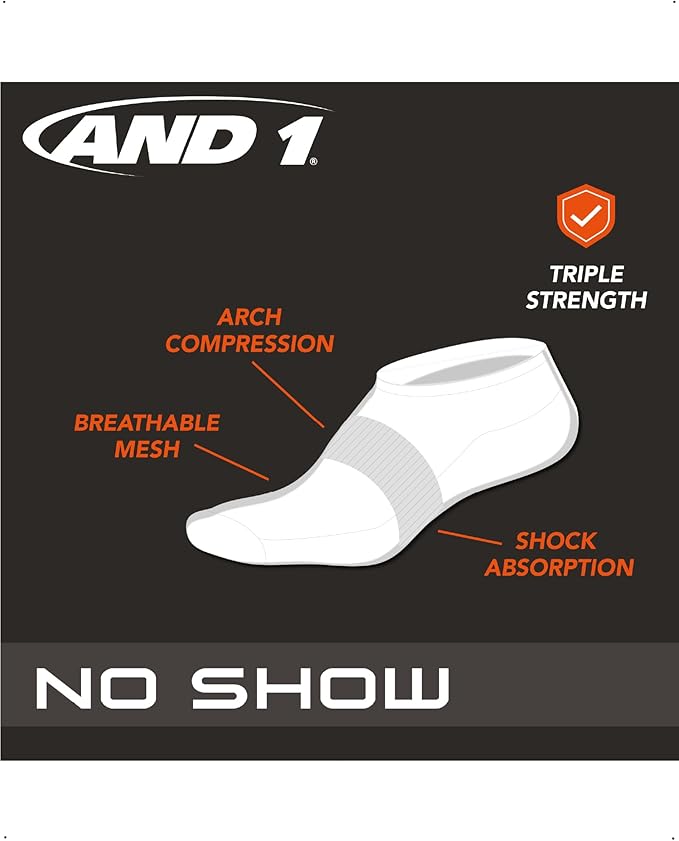 AND1 Mens No Show Socks - 12 Pack Performance Stretch Athletic Compression Socks for Men - Sports Low Cut Socks (6-12.5)