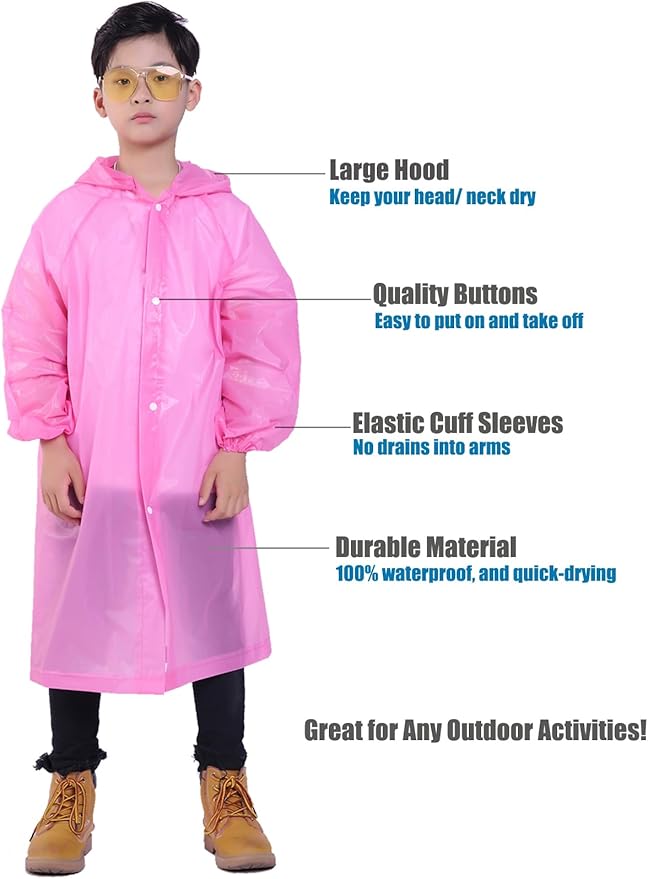 Kids Rain Jacket, 2 Pack Rain Ponchos for Kids - Reusable Raincoats for Boys and Girls Waterproof Outdoor Rain Gear