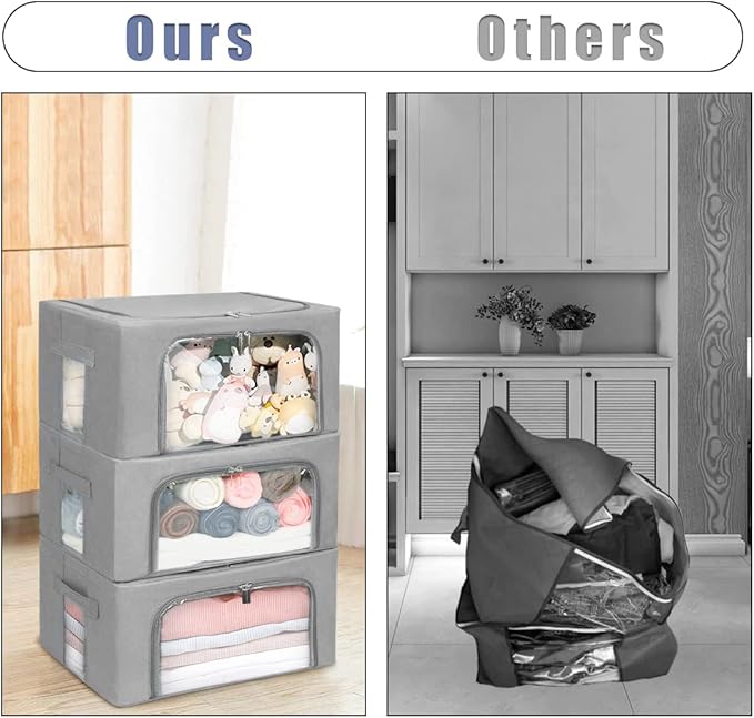 Stackable Clothes Storage Box for Clothing Gadgets,Steel Frame Storage Bins for Toys Gift,Foldable Oxford Fabric Closet Organizer Bag Set with Carry Handles Clear Window (Small- 22L x3 Pack, Grey)