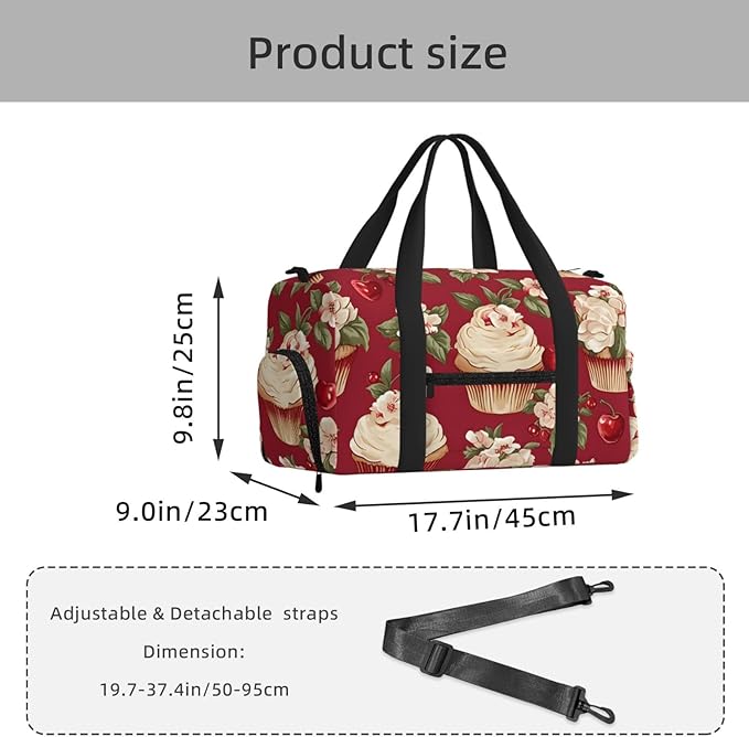 Sports Gym Bag Flowers Floral Small Cakes Travel Duffel Bag With Shoe Compartment Shoulder Strap, Lightweight Water-Resistant Weekend Overnight Totes For Women Men
