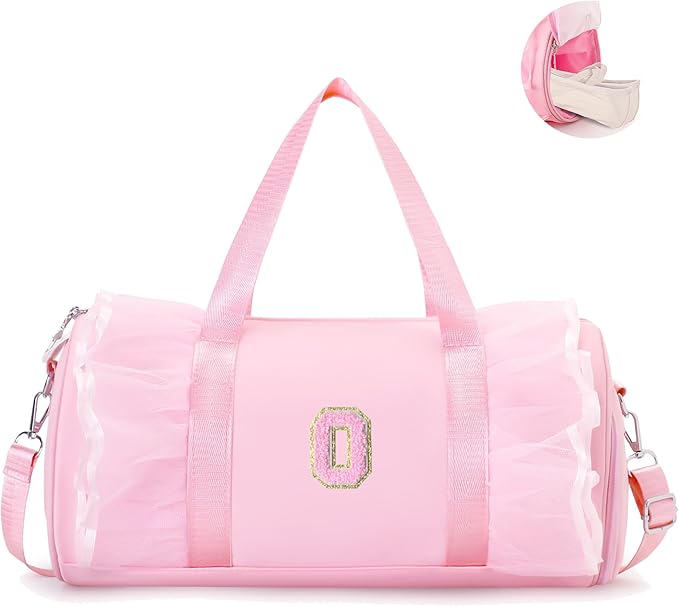 Personalized Dance Bag for Girl | Small Initial Gym Sport Yoga Cheer Duffle Bags Gift for Teen Girls | Chenille Letter Kids Ballet Bag Preppy Stuff Toddler Girl Birthday Gift (Pink O, SMALL)