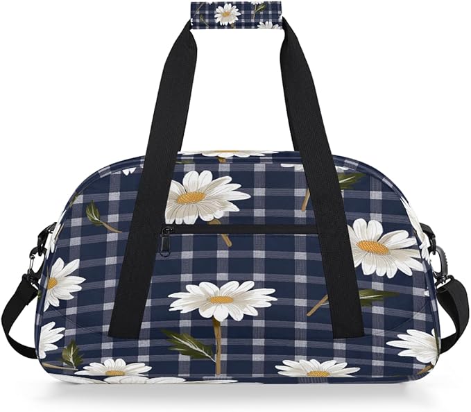 Sports Duffel Bags, Daisy Navy Plaid Water-Resistant Gym Duffle Bag for Men Women, Lightweight Weekender Overnight Bag for Fitness, Workout, Travel
