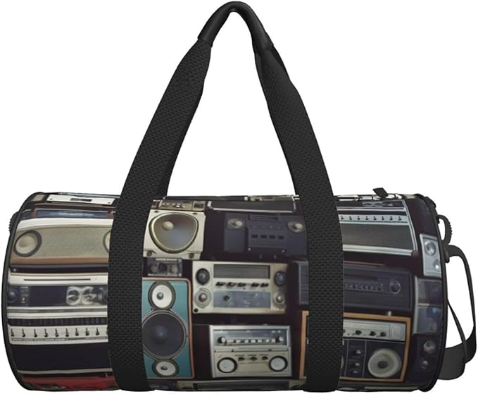 Vintage Wall of Radio Boombox Sports Gym Bag for Women Men Travel Duffel Bag Tote Weekender Bag Canvas Carry on Overnight Bag for Travel Swimming Fitness Workout Sports Duffle Bag