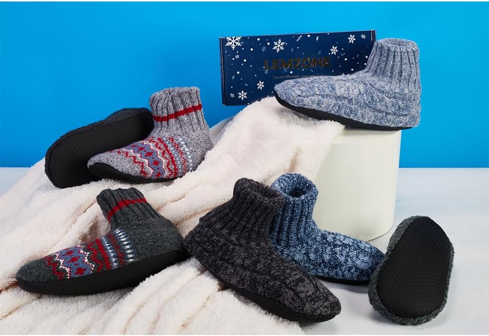 LEMZONE Mens Fuzzy Slipper Socks with Grippers, Winter Warm Sherpa Lined Indoor House Shoes Christmas Gifts for Dad Husband Boyfriend
