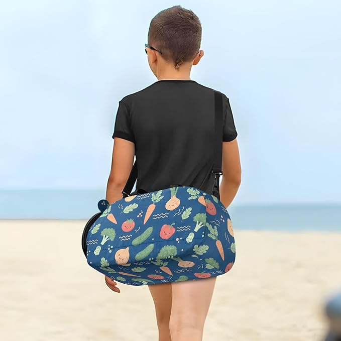 Cartoon Vegetables Blue Print Kids Sports Duffle Bag for Boys Girls Toddler Weekender Overnight Bag with Shoe Compartment & Wet Pocket Travel Foldable Bag for Sport Dance Travel Gym