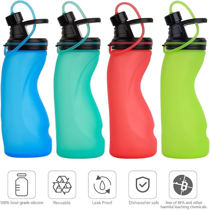E-Senior Collapsible Water Bottle BPA Free - Foldable Water Bottle for Travel Sports Bottles with Triple Leak Proof Lightweight 17oz (Upgraded Vibrant Green)