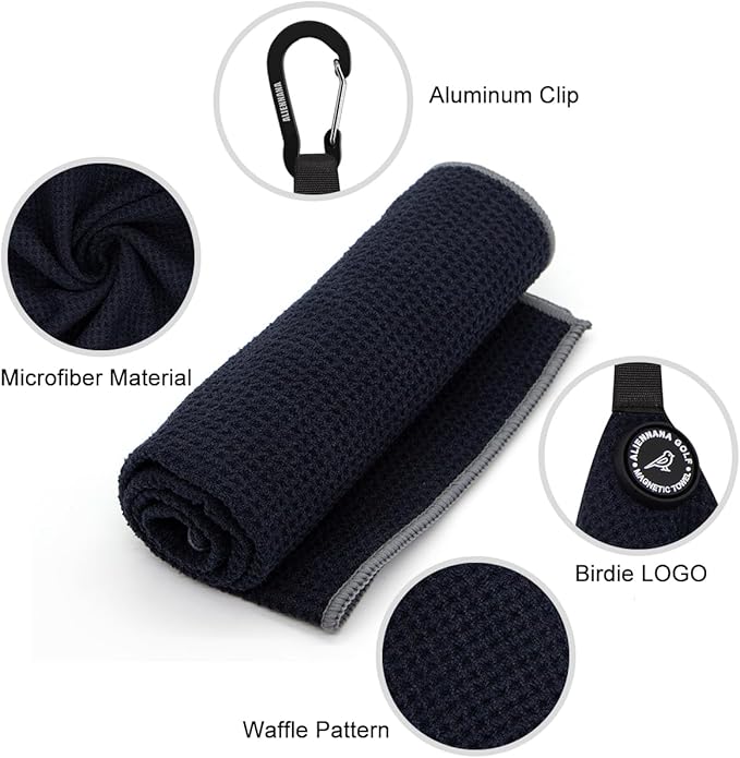 Magnetic Golf Towel, Microfiber Waffle Design with Clip - Industrial Strength Magnet for Strong Hold to Golf Bags, Carts & Clubs