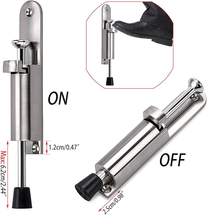 Sumnacon Kickdown Door Stop - Stainless Steel Easy Step Door Stopper, Spring Loaded Telescopic Step On/Off Door Stopper Rubber, Adjustable Heavy Duty Door Locks Holder Stop/Release by Foot, Silver