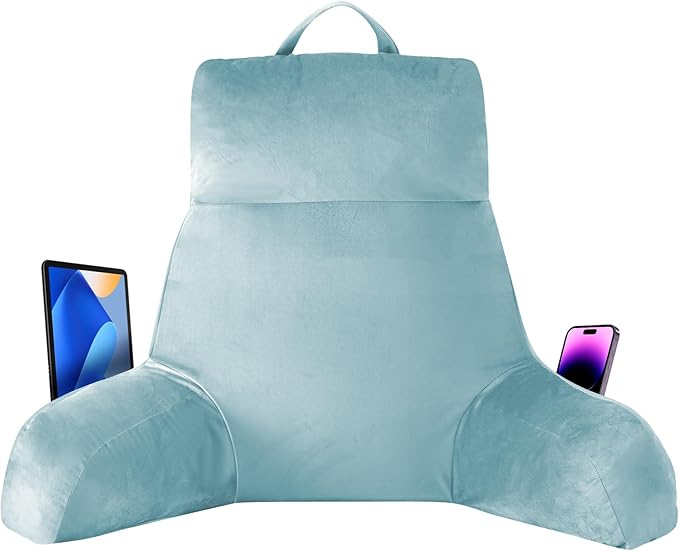 Back Pillow for Bed Sitting up, Reading Pillow for Sitting in Bed Adult, Back Support Pillow, Memory Foam Sit up Lounge Backrest Pillow with Arms for TV, Couch, Chair, Dorm, 24 Inch, Lake Blue