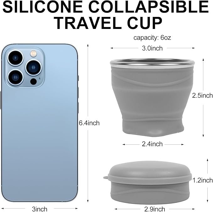 Collapsible Travel Cup with Lid (6oz/180ml) - BPA Free Silicone Folding Cup with Stainless Steel Rim - Portable Pocket Size Drinking Cup for Mouthwash, Pills, Hiking, Camping & Kids(Gray)