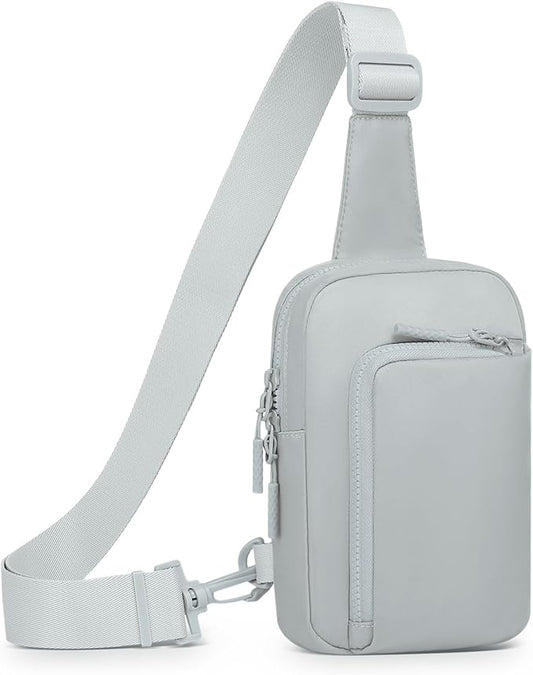 Mini Sling Bag for Men Women, Small Travel Fanny Packs Crossbody Anti Theft Reversible Nylon Chest Bag for Running Hiking (Light Grey)