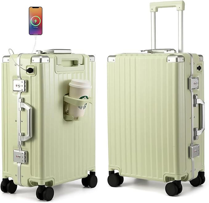 MYER Hard Shell Carry On Luggage 22x14x9 Airline Approved,20 Inch Aluminum Luggage with 100% 3-Layer PC,Carry On Suitcases with Wheels,Cup Holder and USB Port (Vanilla Green, 20 inch)