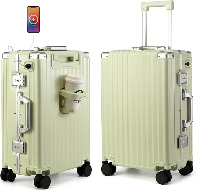 MYER Hard Case 24 Inch Checked Luggage with Spinner Wheels,Aluminum Luggage with 100% 3-Layer PC,Hard Shell Suitcases with Wheels,Cup Holder and USB Port (Vanilla Green, 24 inch)