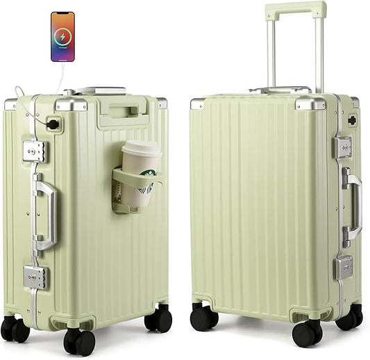MYER Hard Case 24 Inch Checked Luggage with Spinner Wheels,Aluminum Luggage with 100% 3-Layer PC,Hard Shell Suitcases with Wheels,Cup Holder and USB Port (Vanilla Green, 24 inch)