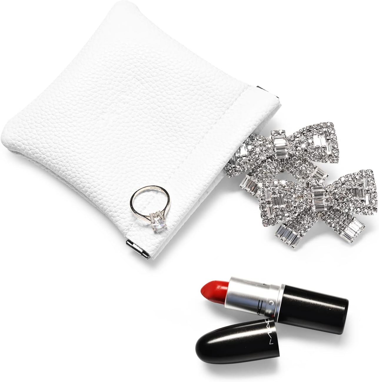 PU Leather Jewelry Travel Bag Leather Jewelry Pouch Christmas,Wedding Party Favor Gift Bag (L, White)