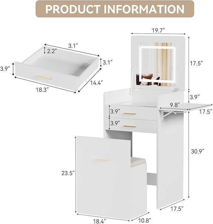 ARTETHYS Small Vanity Desk Set with Flip-top Mirror and Lights White Integrated 3 in 1 Makeup Vanities Set for Compact Space Mini Dressing Table with Fold-up Panel and Storage Chair for Bedroom
