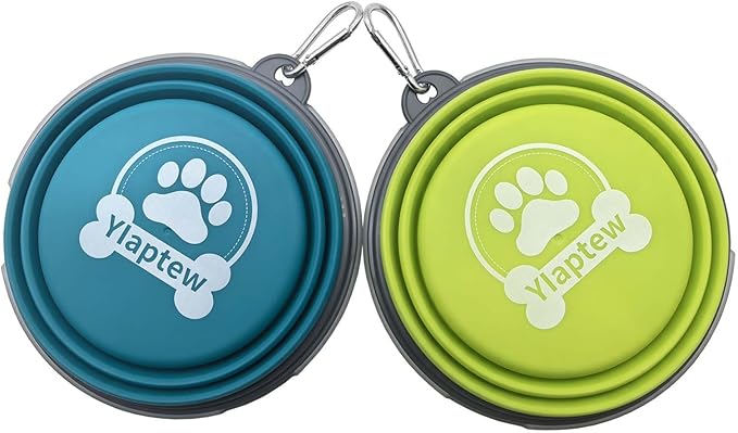 Medium Collapsible Dog Bowl 23oz,2 Pack Portable and Foldable Pet Travel Bowls with 2 Carabiners & Lids for Dogs Cats and Small Animals (Blue+Green+Grey, 650ml)