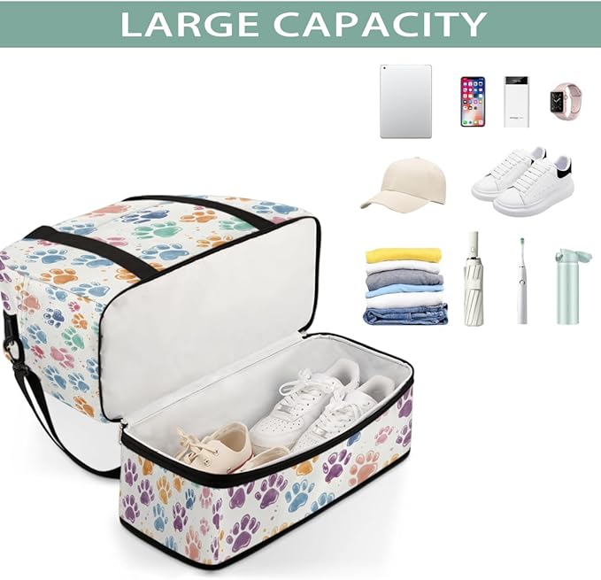 Foldable Travel Duffel Bag for Women - Carry on Personal Item Bag with Shoes Compartment, Weekender Overnight Duffle Bags Sport Tote Gym Luggage for Airplanes Traveling(Dog Paws)