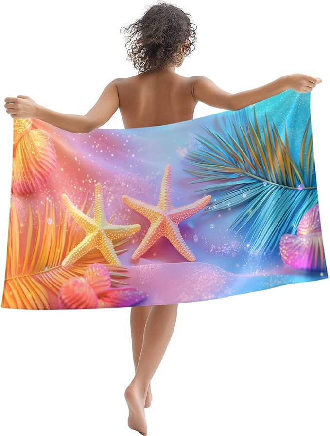 Summer Dreamy Ocean Beach Towel 35" x 71" Starfish Shells Palm Leaves Quick Dry Sand Free Pool Towels Soft & Absorbent Compact Towels Beach Accessories for Travel Bathroom Swimming Pool