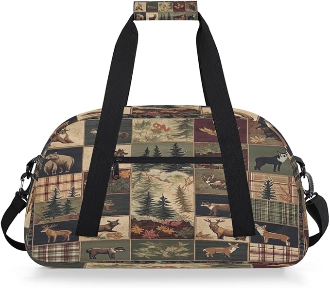 Kids Duffle Bag Girls Boys Rustic Hunting Animal Bear Deer Patchwork Weekender Overnight Bag,Lightweight Duffel Bags for Traveling Gym Sport Dance