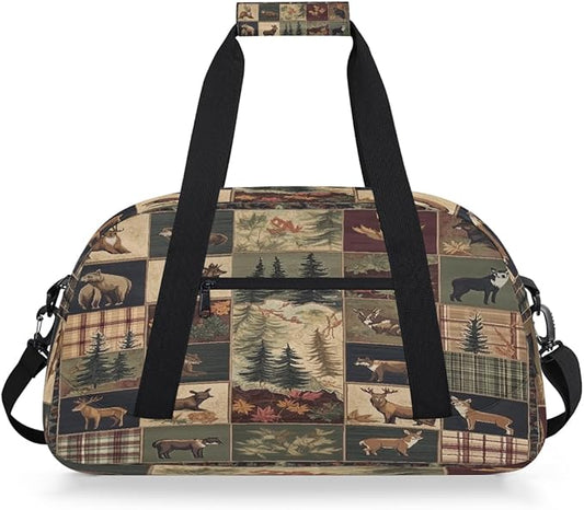 Kids Duffle Bag Girls Boys Rustic Hunting Animal Bear Deer Patchwork Weekender Overnight Bag,Lightweight Duffel Bags for Traveling Gym Sport Dance