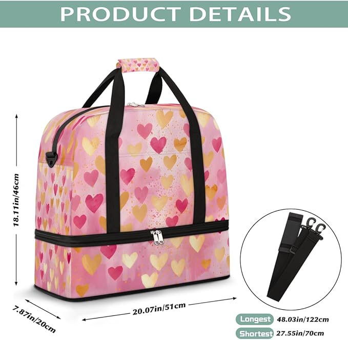 Pink Gold Heart Large Weekender Bag with Shoe Compartment Travel Duffel Bags for Women Carry On Hospital Overnight Bag Foldable Personal Item Travel Bags Tote Gym Sports Airplanes